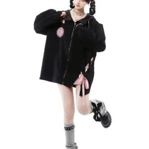 Y2K Aesthetic Black and Baby Pink Lace-Up Hoodie, Cargo Skirt, and Cropped Camisole Set