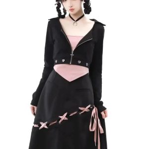 Y2K Aesthetic Black and Baby Pink Lace-Up Hoodie, Cargo Skirt, and Cropped Camisole Set