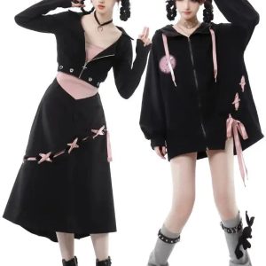 Y2K Aesthetic Black and Baby Pink Lace-Up Hoodie, Cargo Skirt, and Cropped Camisole Set