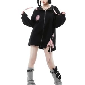 Y2K Aesthetic Black and Baby Pink Lace-Up Hoodie, Cargo Skirt, and Cropped Camisole Set