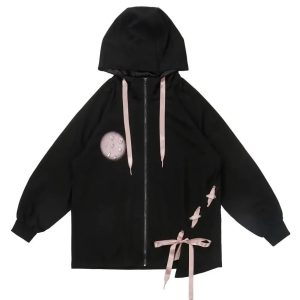 Y2K Aesthetic Black and Baby Pink Lace-Up Hoodie, Cargo Skirt, and Cropped Camisole Set