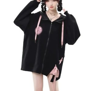 Y2K Aesthetic Black and Baby Pink Lace-Up Hoodie, Cargo Skirt, and Cropped Camisole Set