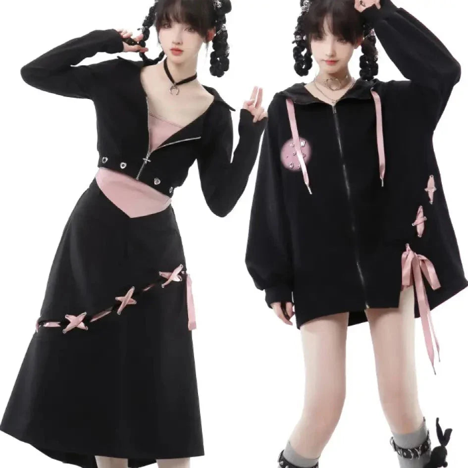 Y2K Aesthetic Black and Baby Pink Lace-Up Hoodie, Cargo Skirt, and Cropped Camisole Set