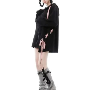 Y2K Aesthetic Black and Baby Pink Lace-Up Hoodie, Cargo Skirt, and Cropped Camisole Set