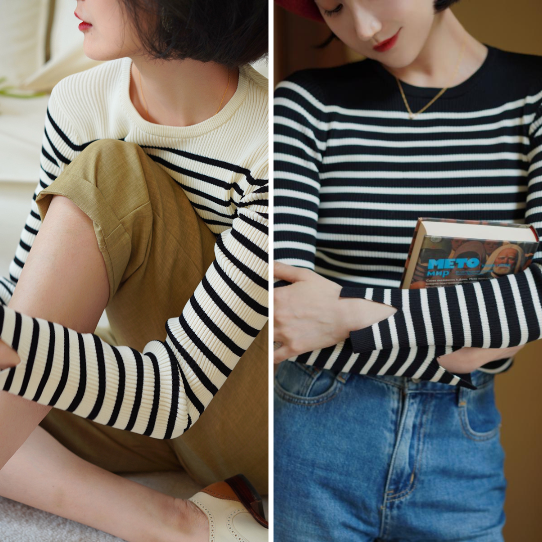 Y2K Aesthetic Black and White Striped Slim Knit Top for Trendy Outfits