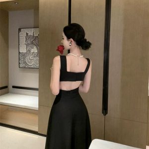 Y2K Aesthetic Black Sling Dress - Slim Fit Luxury Style for Chic Banquet Events