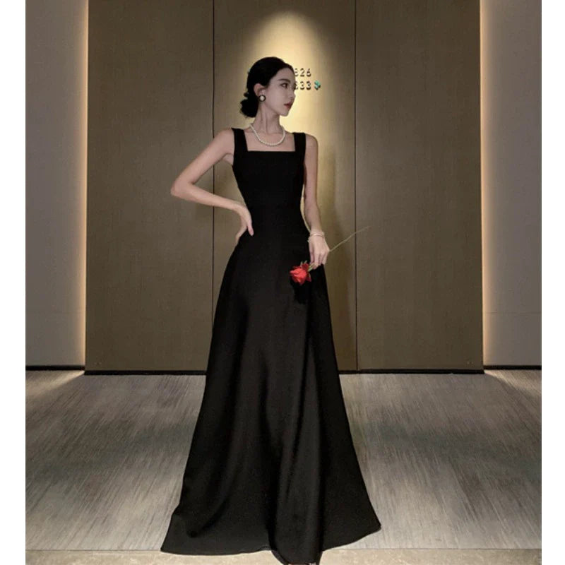 Y2K Aesthetic Black Sling Dress - Slim Fit Luxury Style for Chic Banquet Events