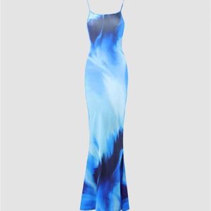 Y2K Aesthetic Blue Flame Festival Maxi Dress - Boho Chic with Grunge Style Vibes