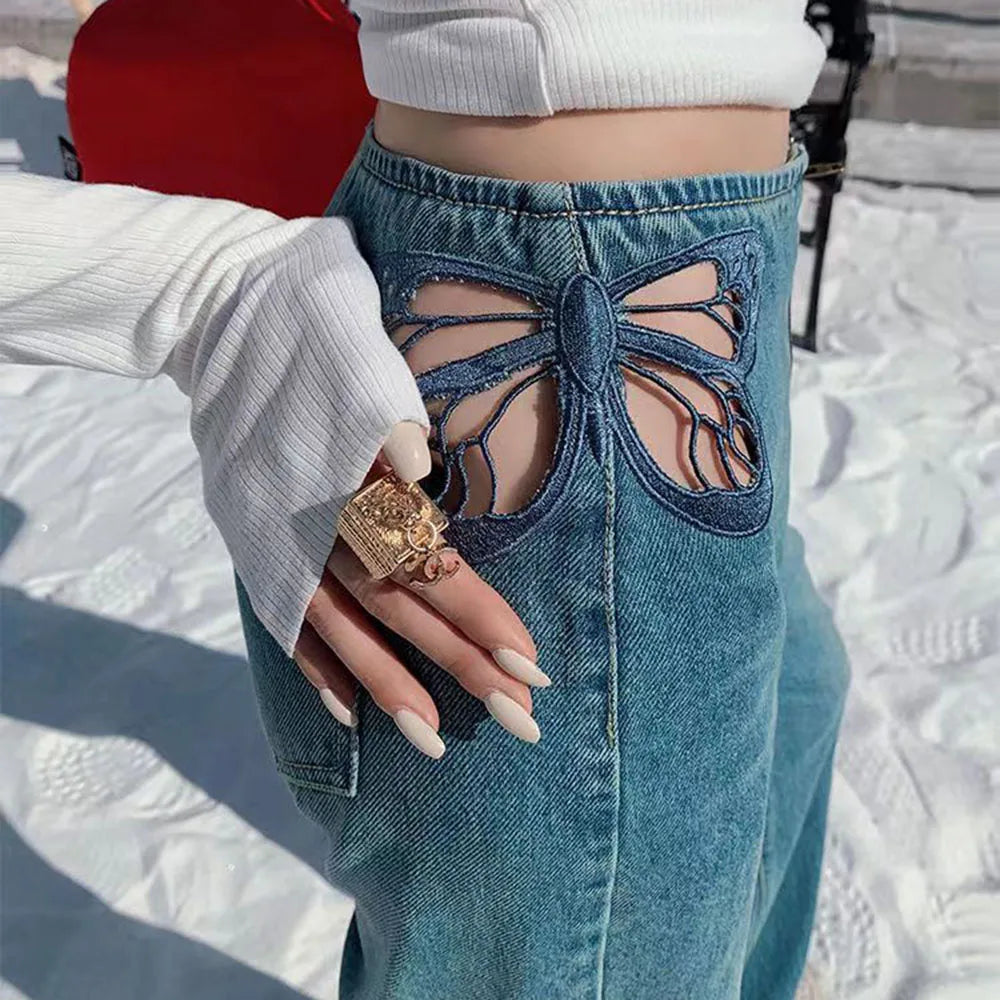 Y2K Aesthetic Butterfly Jeans for Women - Sexy Hollow Embroidery Casual Denim Pants