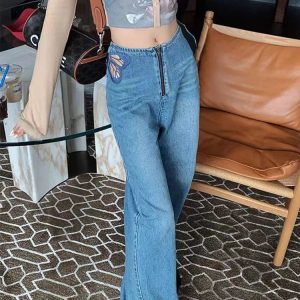 Y2K Aesthetic Butterfly Jeans for Women - Sexy Hollow Embroidery Casual Denim Pants