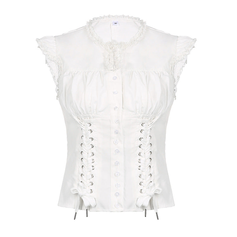 Y2K Aesthetic Button Down Embroidered Lace Crop Blouse for Trendy Coquette Style