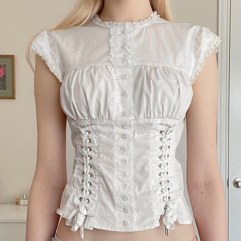 Y2K Aesthetic Button Down Embroidered Lace Crop Blouse for Trendy Coquette Style