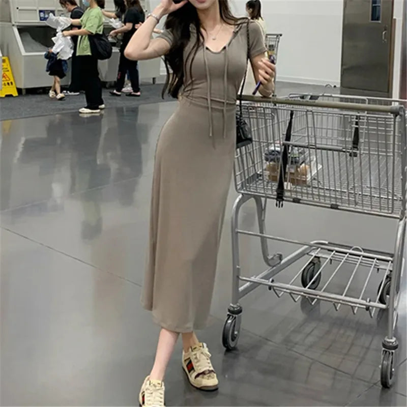 Y2K Aesthetic Casual Elegant Long Dress for Women - Slim Fit Solid Short Sleeve Summer Dress