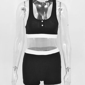 Y2K Aesthetic Casual Sport Short Sets for Women - 2 Piece Contrast Color Tank Top & Shorts