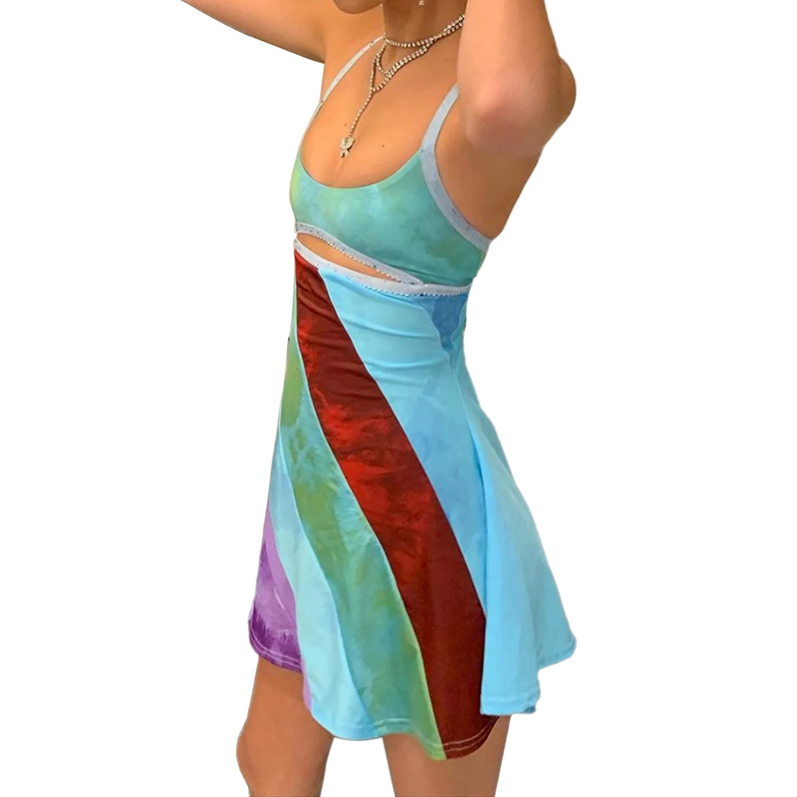 Y2K Aesthetic Casual Suspender Dress with Contrast Color U-Neck & Hollow A-Line Design