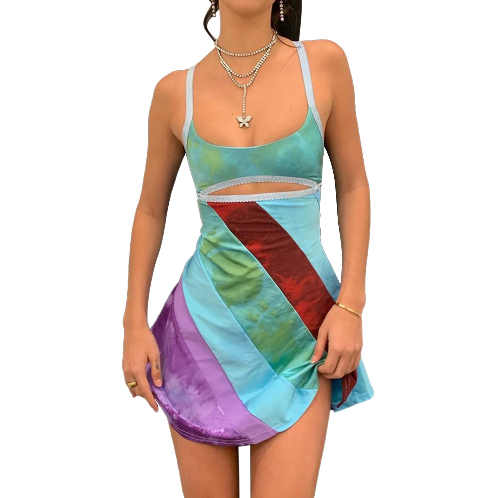 Y2K Aesthetic Casual Suspender Dress with Contrast Color U-Neck & Hollow A-Line Design