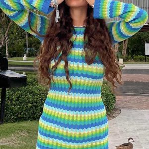 Y2K Aesthetic Contrast Color Striped Mini Dress - Trendy Coquette Style for Chic Outfits