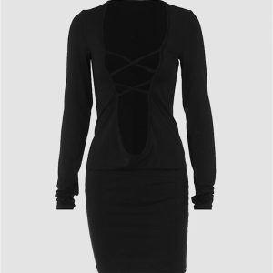 Y2K Aesthetic Cross Cut Bodycon Dress - Trendy Grunge Style for Chic Outfits