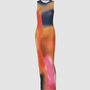 Y2K Aesthetic Earthen Gradient Maxi Dress with Slit - Trendy Coquette Style