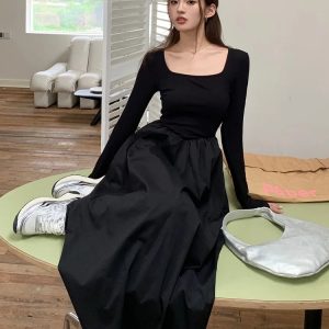 Y2K Aesthetic Elegant Black Midi Dress for Women - Long Sleeve Square Neck Vintage Chic