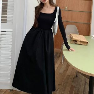 Y2K Aesthetic Elegant Black Midi Dress for Women - Long Sleeve Square Neck Vintage Chic