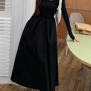 Y2K Aesthetic Elegant Black Midi Dress for Women - Long Sleeve Square Neck Vintage Chic