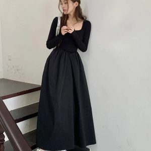 Y2K Aesthetic Elegant Black Midi Dress for Women - Long Sleeve Square Neck Vintage Chic