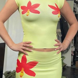 Y2K Aesthetic Flower Mini Dress Set: Summer Bodycon O Neck Crop Top & Slim Skirt 2 Piece Outfit