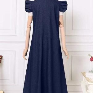 Y2K Aesthetic Fly-Sleeve Denim Tie Back V-Neck Long Dress for Trendy Outfits