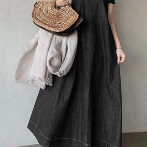 Y2K Aesthetic Fly-Sleeve Denim Tie Back V-Neck Long Dress for Trendy Outfits