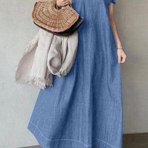 Y2K Aesthetic Fly-Sleeve Denim Tie Back V-Neck Long Dress for Trendy Outfits