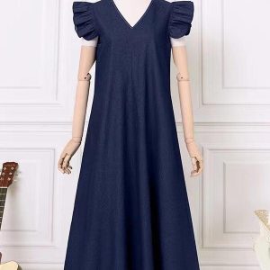 Y2K Aesthetic Fly-Sleeve Denim Tie Back V-Neck Long Dress for Trendy Outfits