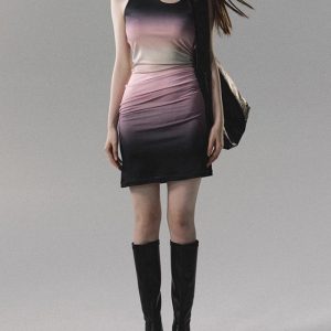 Y2K Aesthetic Gradual Oil Painting Short Dress - Trendy Coquette Style for Unique Looks