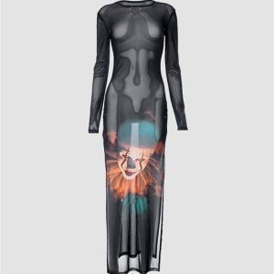 Y2K Aesthetic Halloween Clown Face Mesh Dress for Grunge and Coquette Style