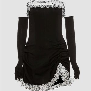 Y2K Aesthetic Halloween Maid Dress with Gloves for a Cute Coquette Style Look