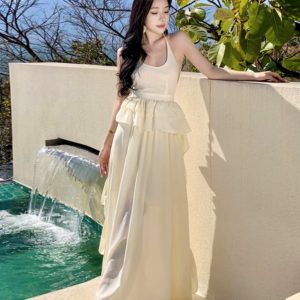 Y2K Aesthetic Halter Backless Beach Dress - Elegant Fairy Long Dress for Seaside Vibes