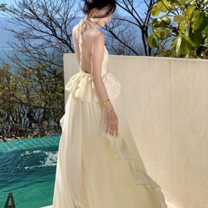 Y2K Aesthetic Halter Backless Beach Dress - Elegant Fairy Long Dress for Seaside Vibes