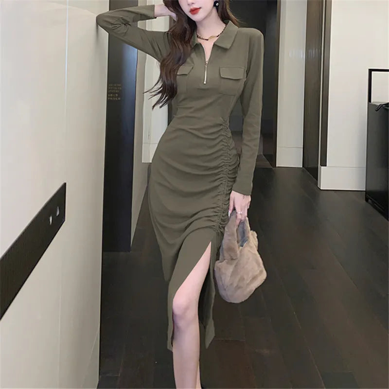 Y2K Aesthetic Long Sleeve Midi Dress - Chic Polo Collar for Fall Fashion 2023