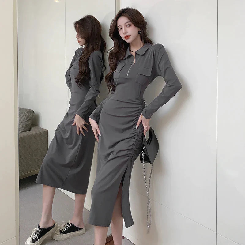 Y2K Aesthetic Long Sleeve Midi Dress - Chic Polo Collar for Fall Fashion 2023