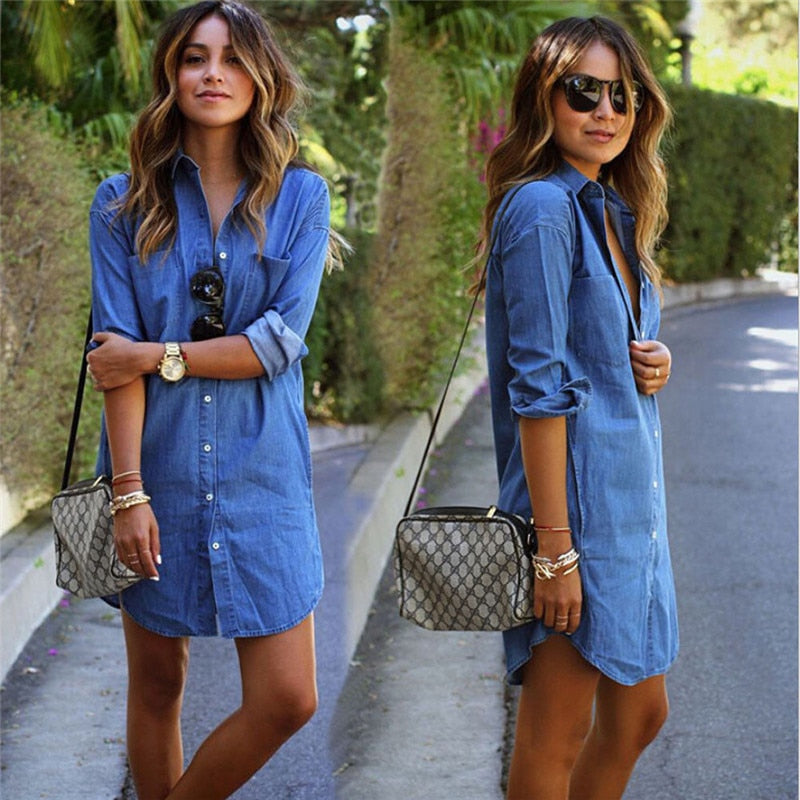 Y2K Aesthetic Loose Denim Mini Dress with Long Sleeves - Casual Party & Holiday Style