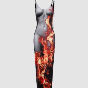 Y2K Aesthetic Naked Flame Maxi Dress - Boho Chic with Grunge and Coquette Vibes