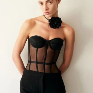 Y2K Aesthetic Off-Shoulder Lace-Up Crop Top Corset Bra - Black Slim Fit High Street Style