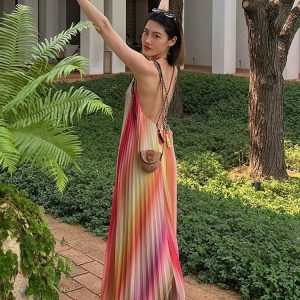 Y2K Aesthetic Open Back Beach Vest Dress for Summer Vacation in Retro French Style