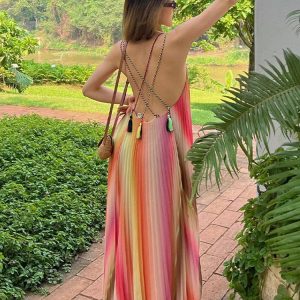 Y2K Aesthetic Open Back Beach Vest Dress for Summer Vacation in Retro French Style