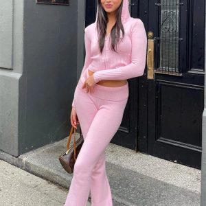 Y2K Aesthetic Pink Knitted Two-Piece Set: Casual Zipper Hoodie & High Waist Flare Pants