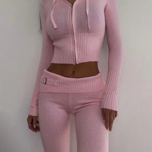 Y2K Aesthetic Pink Knitted Two-Piece Set: Casual Zipper Hoodie & High Waist Flare Pants