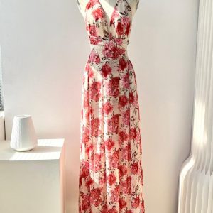 Y2K Aesthetic Pink Rose Floral V-Neck Long Dress for Effortless Coquette Style