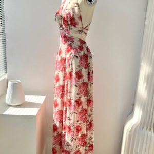 Y2K Aesthetic Pink Rose Floral V-Neck Long Dress for Effortless Coquette Style