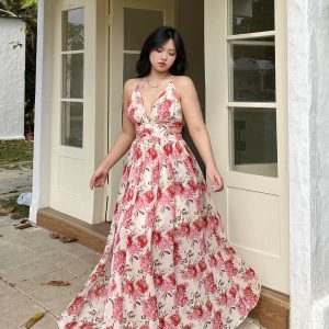 Y2K Aesthetic Pink Rose Floral V-Neck Long Dress for Effortless Coquette Style