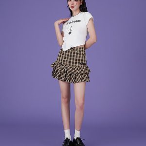 Y2K Aesthetic Plaid Frill Mini Skirt - Cute Retro Style for Trendy Outfits